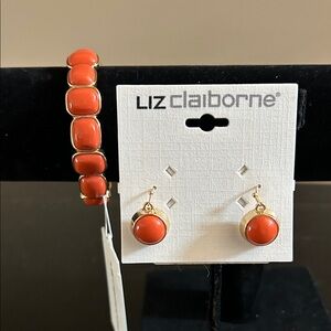 Liz Claiborne Gold and coral Earrings and bracelet set new